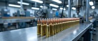 Brass ammunition bullets lined up on industrial conveyor belt in modern manufacturing facility with blurred factory equipment background.