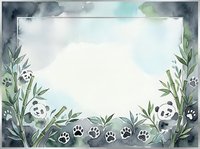 Watercolor panda frame with bamboo leaves and paw prints on white background for baby shower invitations and nursery decor.