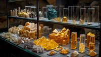 Mineral and crystal collection displayed in glass cabinet featuring citrine clusters, clear quartz points, amethyst specimens and golden topaz formations on illuminated shelves.