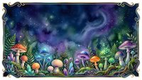 Enchanted forest floor with glowing mushrooms, magical plants, and swirling cosmic sky filled with stars and nebula clouds, creating a whimsical fantasy woodland scene.
