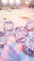 Clear acrylic polyhedral dice set with numbers on reflective surface with colorful bokeh lights creating magical gaming atmosphere for tabletop adventures.