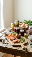Fresh organic vegetables and preserved foods arranged on rustic wooden table with natural lighting for healthy cooking and meal preparation.