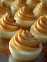 Deviled eggs topped with creamy mustard and paprika piped frosting, elegant appetizer for catering, parties, and gourmet dining events.