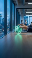 Businessman holding glowing green shield hologram on wooden desk in modern office with city skyline view, representing cybersecurity, data protection, and digital safety solutions.