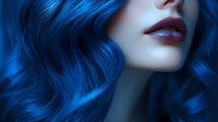 Close up portrait of young woman with vibrant blue wavy hair and glossy red lips against dark background, dramatic beauty lighting creates mysterious mood.