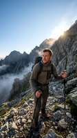 Male hiker with backpack and trekking poles standing on rocky mountain trail at sunrise with misty peaks in background for adventure and outdoor recreation content.
