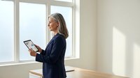 Professional blonde businesswoman in navy suit using digital tablet by office window for corporate presentations and business meetings.
