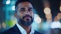 Confident South Asian businessman with beard smiling at night, urban bokeh lights background. Professional portrait showing success and leadership.