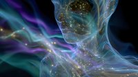 Ethereal translucent figure with glowing particles and flowing energy waves in purple, blue and teal colors against dark background, cosmic spiritual concept.
