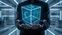 Young male professional in dark business attire holding glowing cyan geometric cube with digital circuit patterns in modern tech environment, representing data, innovation, and technology solutions.