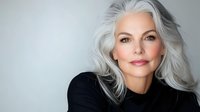 Confident mature woman with silver gray hair wearing black top against neutral background for beauty and aging gracefully concepts.