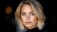 Young Caucasian woman with blonde bob haircut, blue eyes, and freckles against dark background, showcasing modern beauty and natural features.