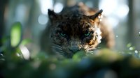 Majestic leopard portrait with intense blue eyes emerging from lush green foliage in natural habitat with soft bokeh lighting effects.