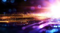 Glowing abstract background with light trails in purple, orange and blue colors creating dynamic motion effect with bokeh and particles. Futuristic design element.