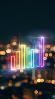 Colorful neon bar chart with glowing rainbow columns and bokeh lights on dark background for business analytics and data visualization presentations.