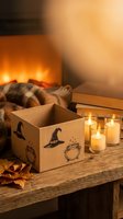 Cozy autumn evening with Halloween themed cardboard box, glowing candles and warm fireplace creating magical seasonal atmosphere for home decor.