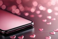 Modern smartphone with pink bokeh lights and heart shapes for Valentine's Day romance technology concept on dark surface.