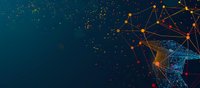Futuristic network visualization with glowing orange and blue nodes connected by dynamic lines against dark background, illustrating digital connectivity.