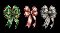 Three decorative ribbon bows isolated on transparent background, featuring green gold, rose gold, and floral blue silver styles, ready for stickers, T-shirts, and print on demand.
