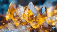 Golden citrine crystal points with warm amber glow and sparkling light reflections creating magical healing energy atmosphere for meditation and wellness.