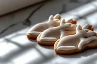 Cat-shaped cookies with white icing glaze arranged on surface, decorated gingerbread treats with smooth frosting coating, baked goods for celebrations and gatherings.