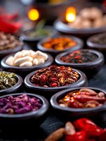 Variety of colorful dried chili peppers, spices and seasonings in dark ceramic bowls on black background with warm candlelight atmosphere, food photography.