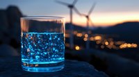 Glowing blue liquid in glass with wind turbines and city lights bokeh in sunset background, innovative energy concept for sustainable future.