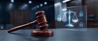 Wooden gavel on desk with digital scale and padlock icons on holographic display, representing legal technology, cybersecurity, and justice system innovation.