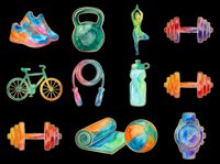Watercolor fitness clipart set with sneakers, kettlebell, yoga pose, dumbbells, bike, jump rope, water bottle, yoga mat, and watch. Isolated, transparent background, ready for print on demand.