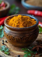 Ground turmeric powder in traditional clay pot with carved ornament, fresh herbs and spices on wooden background, selective focus food photography.