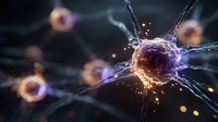 Neural network with glowing synapses and electrical impulses in dark space showing brain cell connections and neurotransmitter activity for medical research.