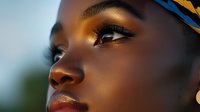 Close up portrait of young African woman with glowing bronze makeup and colorful headwrap looking up against blurred background, beauty and fashion concept.