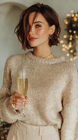 Young woman with short brown hair holding champagne glass in cozy sweater during holiday celebration with warm bokeh lights in background.