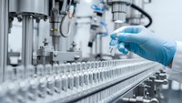 Laboratory technician in blue gloves operating automated pharmaceutical manufacturing equipment with glass vials on production line in sterile facility.