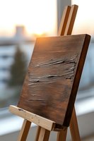 Wooden art canvas with textured brown paint on easel against blurred window background at sunset, dramatic lighting highlights surface texture details.