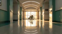 Hospital corridor with wheelchair in modern medical facility featuring polished floors, green walls, and bright lighting for healthcare design projects.