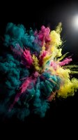 Vibrant multicolored powder explosion with cyan, magenta, and yellow dust clouds bursting against black background for creative design projects.