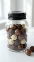 Glass jar filled with assorted chocolate truffles and bonbons in dark, milk and white chocolate varieties on clean white surface for confectionery storage.