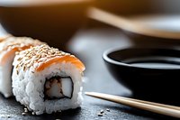 Fresh salmon sushi roll topped with sesame seeds on dark stone surface next to soy sauce and chopsticks, macro food photography with selective focus.
