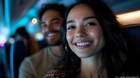Young Hispanic woman with radiant smile in evening setting with soft blue lighting and bokeh background, accompanied by male companion, expressing joy and authenticity.