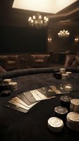 Luxury casino interior with poker cards and chips on gaming table in elegant club atmosphere with crystal chandeliers and leather seating.