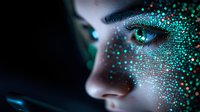 Mesmerizing close-up profile with glowing turquoise sparkles scattered across face, dramatic eye makeup and illuminated skin against dark background for beauty concepts.