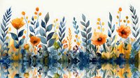 Watercolor wildflowers garden with orange poppies and blue leaves reflecting in water surface, artistic floral composition in nature style with mirror effect.