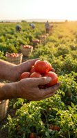 Farmer hands holding fresh ripe red tomatoes during harvest season in agricultural field with workers picking crops in warm golden sunlight.