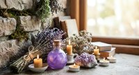 Lavender spa wellness setup with essential oils, amethyst crystals, candles and dried herbs on rustic stone windowsill for relaxation and aromatherapy.