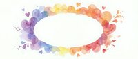 Watercolor rainbow frame with hearts and splashes on white background. Colorful oval border for romantic designs, invitations, and creative projects.