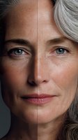 Comparison of aging process showing facial changes over time with split portrait of mature woman with silver hair and blue eyes.