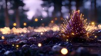 Glowing fiber optic light strands create magical illuminated scene with bokeh effect and soft focus. Purple and golden lights shine against dark background.