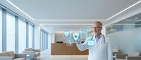 Middle-aged Caucasian male doctor in white coat presenting digital healthcare icons in modern medical office with futuristic holographic interface technology.