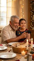 Happy Hispanic grandfather and granddaughter embracing at festive dinner table with candles and warm lighting during family celebration.